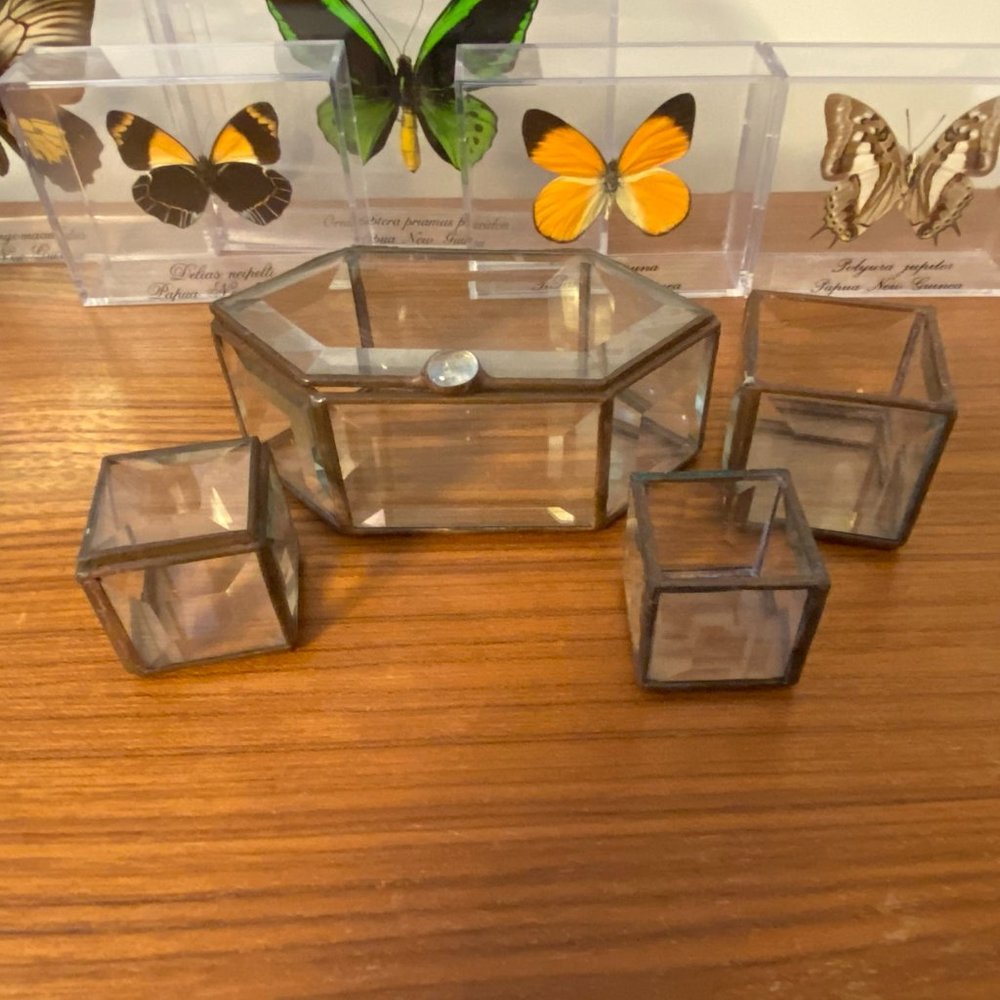 4 piece Antique Glass Trinket Box Set